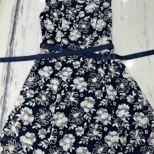 Carolee Navy Dress with White Floral Lace and Satin Waist Ribbon